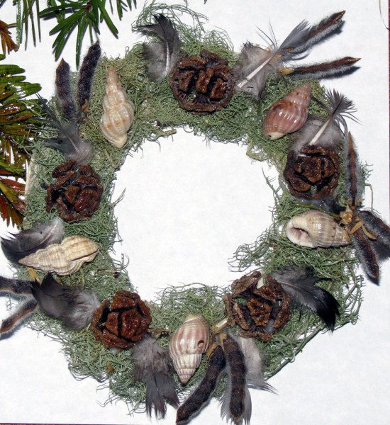 IMG_3107 Lichen, half cones, shells, feathers, seed pods on Bakers Clay Base two